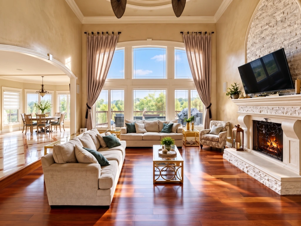 Luxury Great Room with High Ceilings Stone Fireplace and Hardwood Floors.jpg