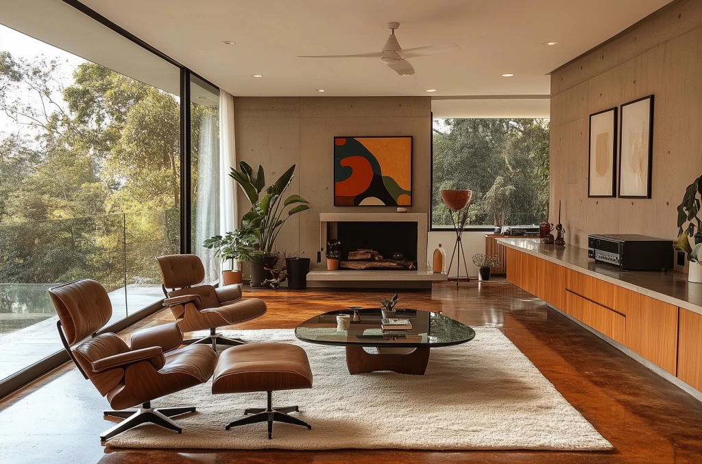 Mid Century Modern Living Room with Leather Lounge Chairs Fireplace and Glass Walls.jpg