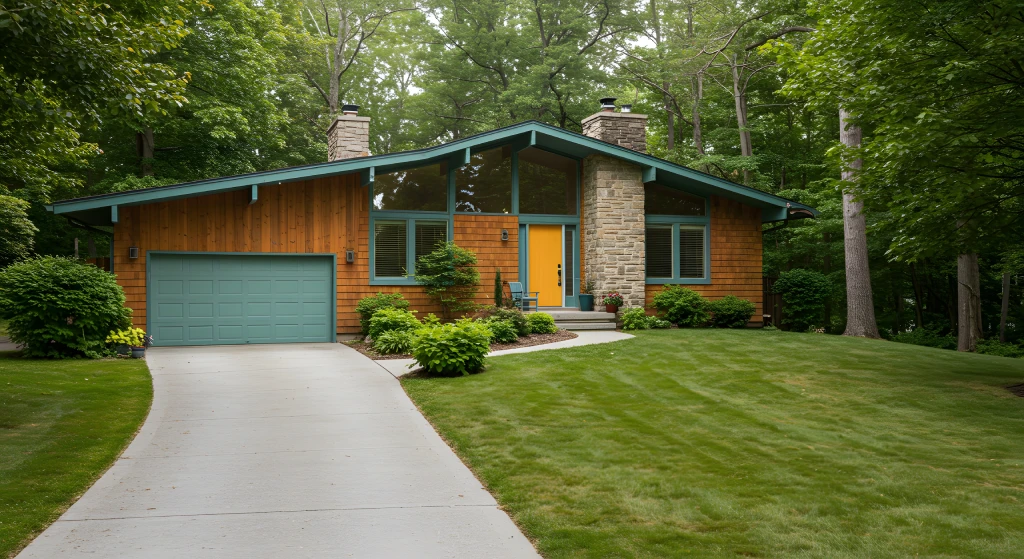 Mid Century Modern Ranch Home with Wood Siding Yellow Door and Stone Chimney.jpg