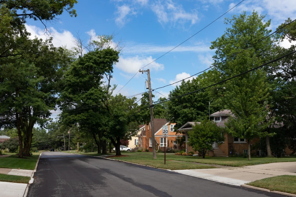 Quiet Suburban Residential Street with Mature Trees Bungalow Homes and Speed Limit Sign.jpg