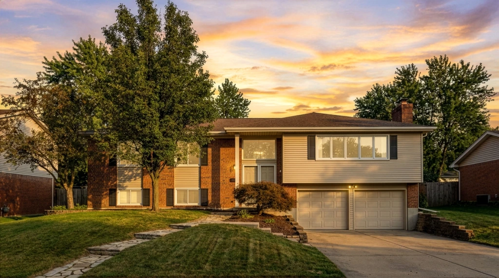 Suburban Split Level Ranch Home with Two Car Garage and Sunset Sky.jpg
